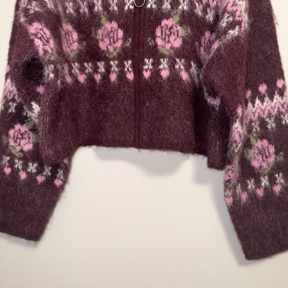 Wild Fable NWT Cropped Fair Isle Zip Sweater XS Burgundy Pink Cozy - Picture 4 of 7